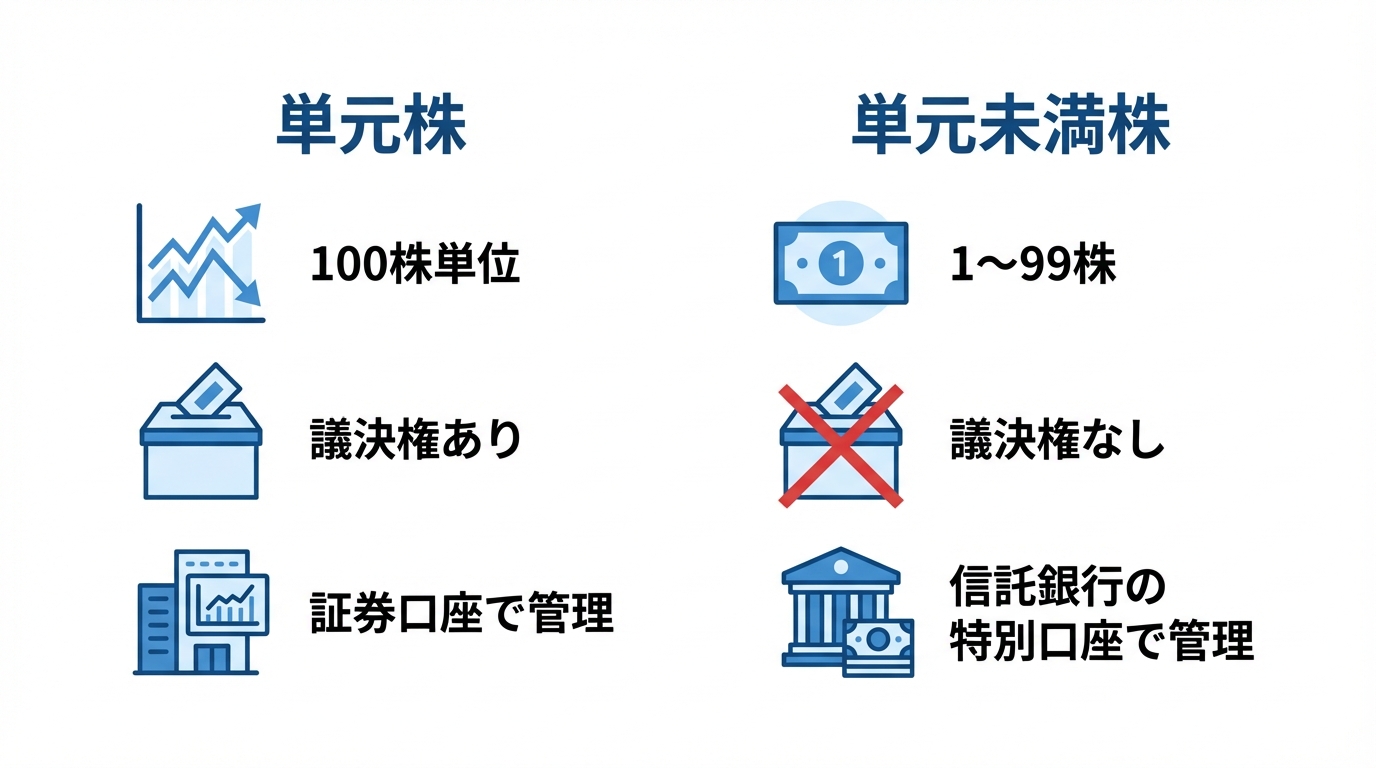 単元株と単元未満株（端株）の基本的な違いを比較した図解。単元株は100株単位で議決権があり証券口座で管理されるのに対し、単元未満株は1～99株で議決権がなく信託銀行の特別口座で管理されることを示している。