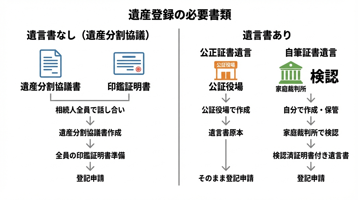 遺言書の有無による相続登記の必要書類の違いを比較した図解。遺言書がない場合は遺産分割協議書が必要で、ある場合は遺言書の種類によって手続きが異なることを示している。