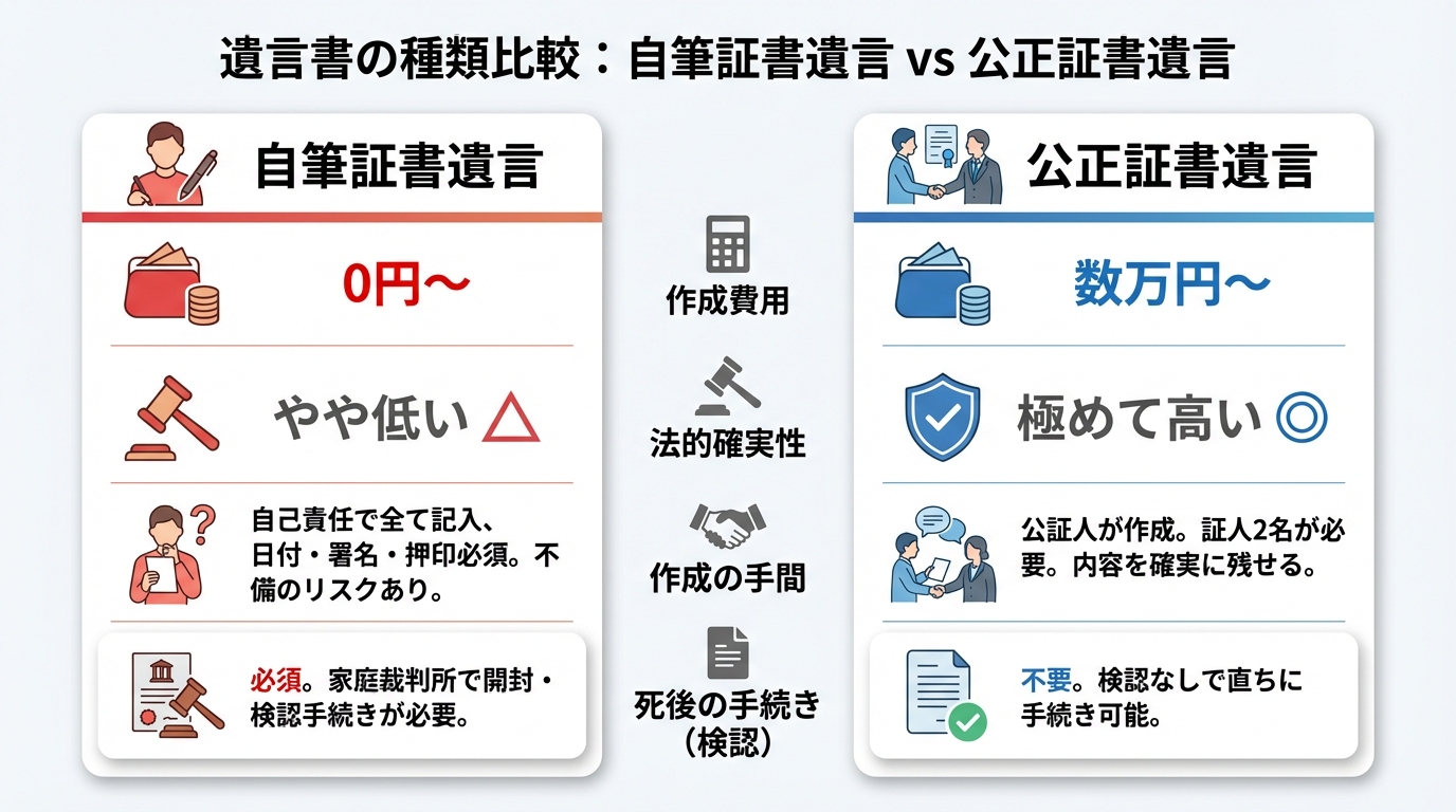 自筆証書遺言と公正証書遺言の費用・確実性・手間・死後の手続きを比較した表形式の図解。