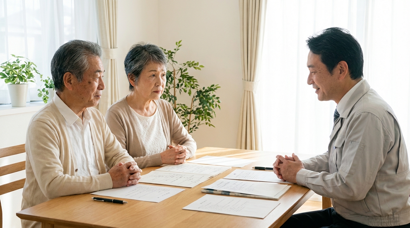 司法書士に成年後見と相続の相談をする夫婦の様子。テーブルには書類が広げられている。