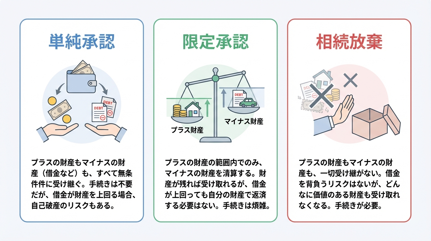 単純承認、限定承認、相続放棄という3つの相続方法の違いを比較した図解。それぞれの財産承継の範囲や特徴をアイコンで分かりやすく示している。