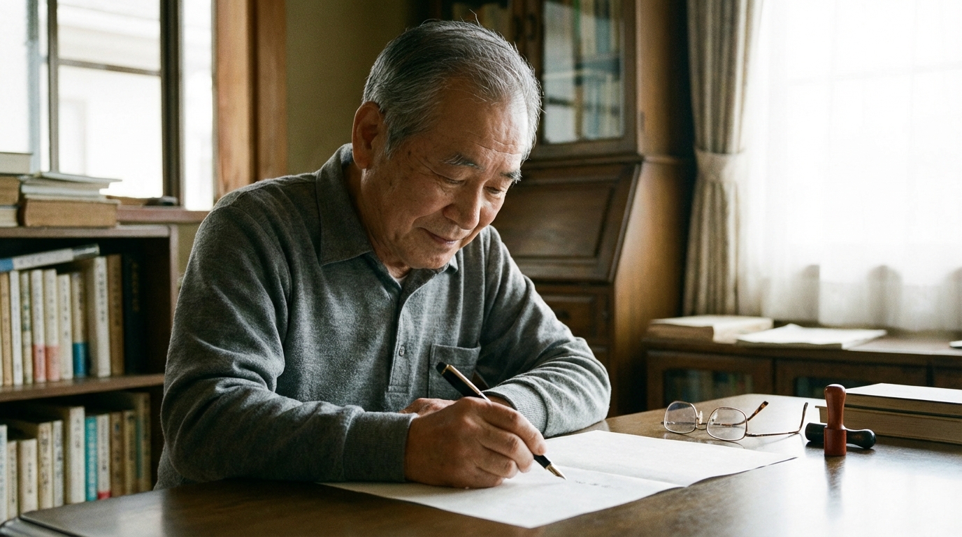 自宅の書斎で、家族への想いを込めて自筆証書遺言を書いている高齢の男性。