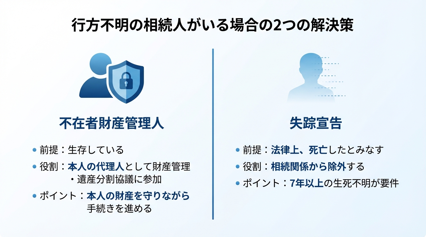 行方不明の相続人がいる場合の解決策、「不在者財産管理人」と「失踪宣告」の制度概要を比較した図解。