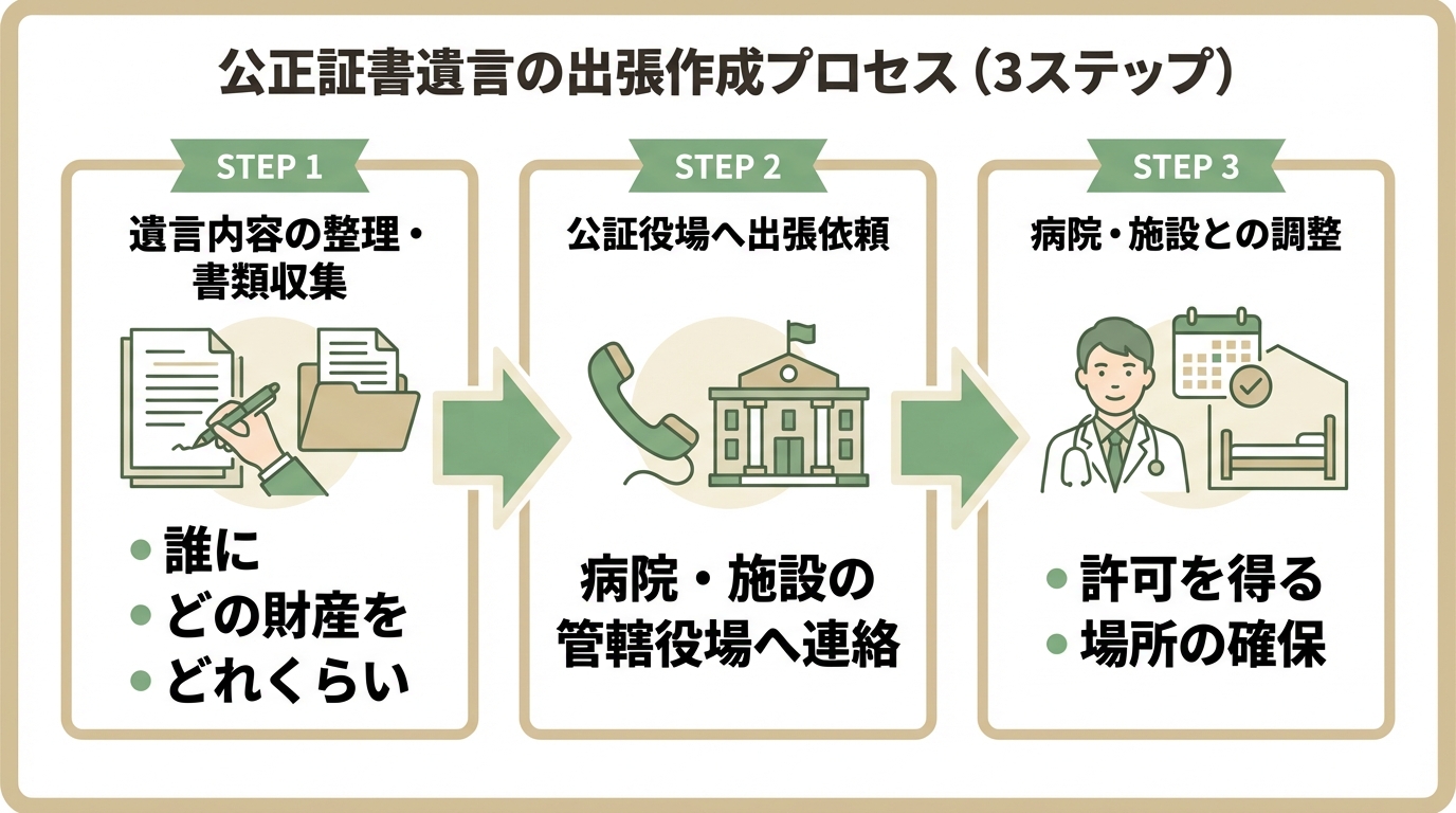 公証人に出張してもらい公正証書遺言を作成するまでの3つのステップを図解。遺言内容の整理、公証役場への依頼、病院・施設との調整という流れがわかります。