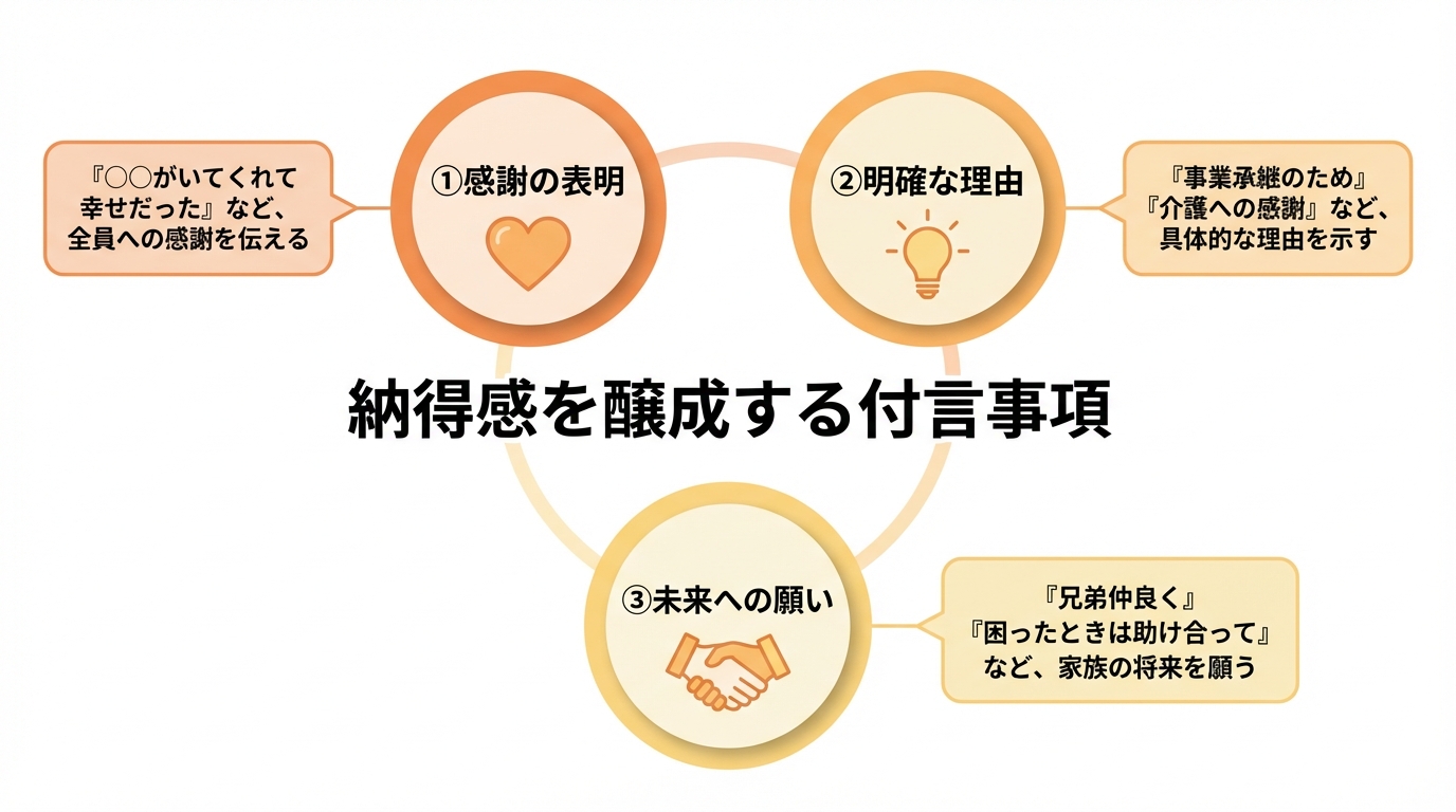 遺留分侵害額請求を抑制する付言事項の3つの要素（感謝の表明、明確な理由、未来への願い）を示した図解。