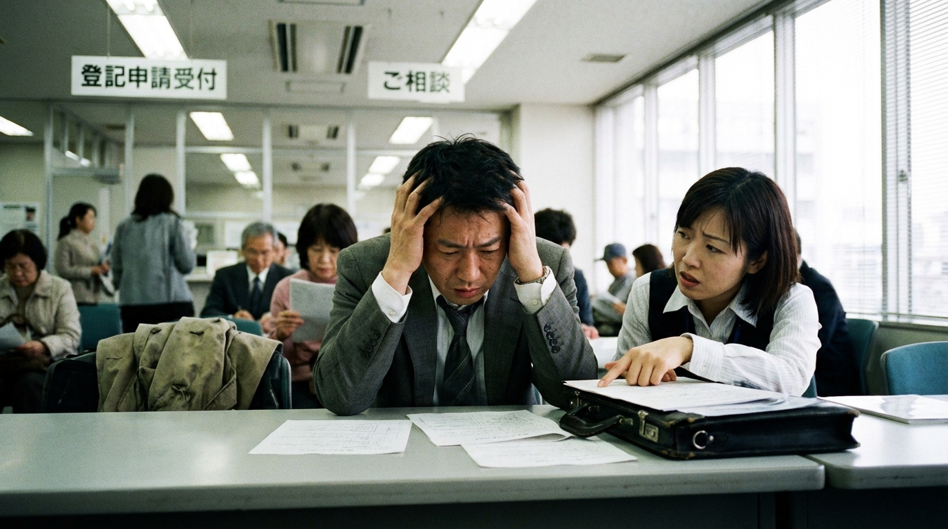 相続登記の複雑な手続きに悩み、法務局の窓口で頭を抱えるスーツ姿の男性。自分で申請する際の困難さを象徴している。