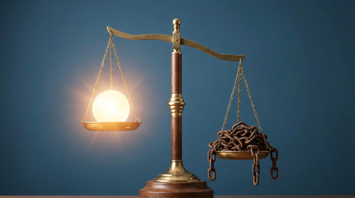 ogai_image_2 | いがり円満相続相談室 司法書士制度の仕組みと限界を象徴するイラスト。天秤が「専門家の信頼」と「不正な利益」を量り、制度が司法書士個々の倫理観という危ういバランスの上に成り立っていることを示唆している。