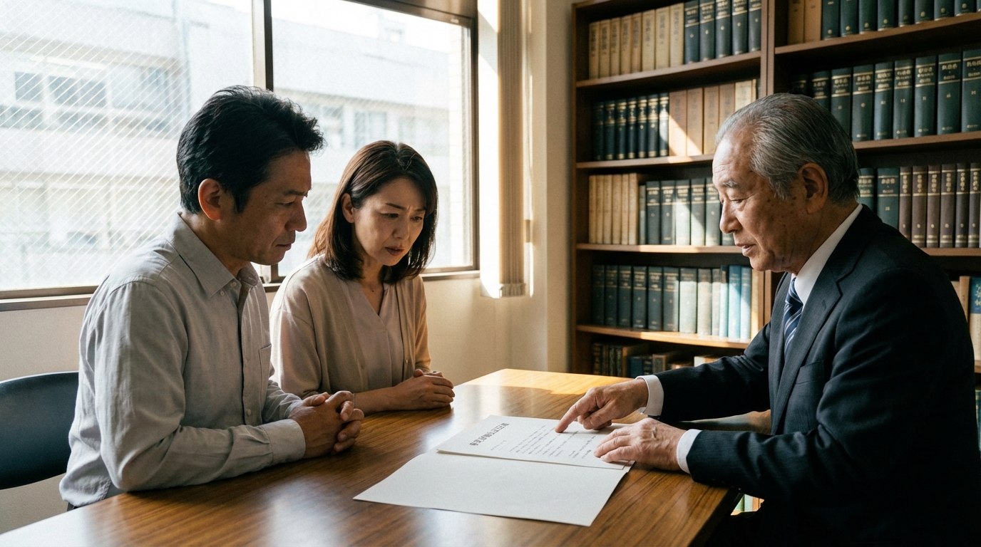 公証人が中立的な立場で貸金庫の開扉に立ち会う「事実実験公正証書」のイメージ。相続トラブルを抱えた家族が専門家に相談している様子。