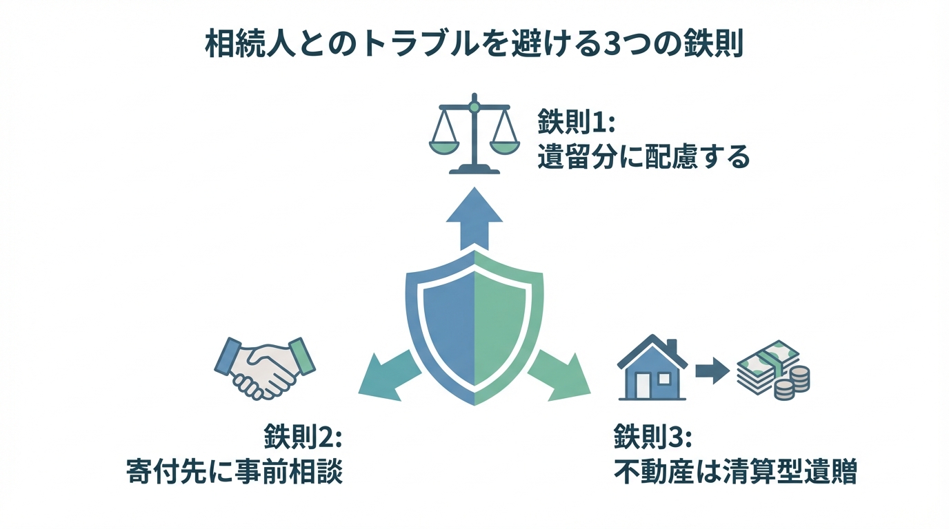 遺贈寄付で相続人とのトラブルを避けるための3つの鉄則（遺留分への配慮、寄付先への事前相談、清算型遺贈の検討）を図解したインフォグラフィック。