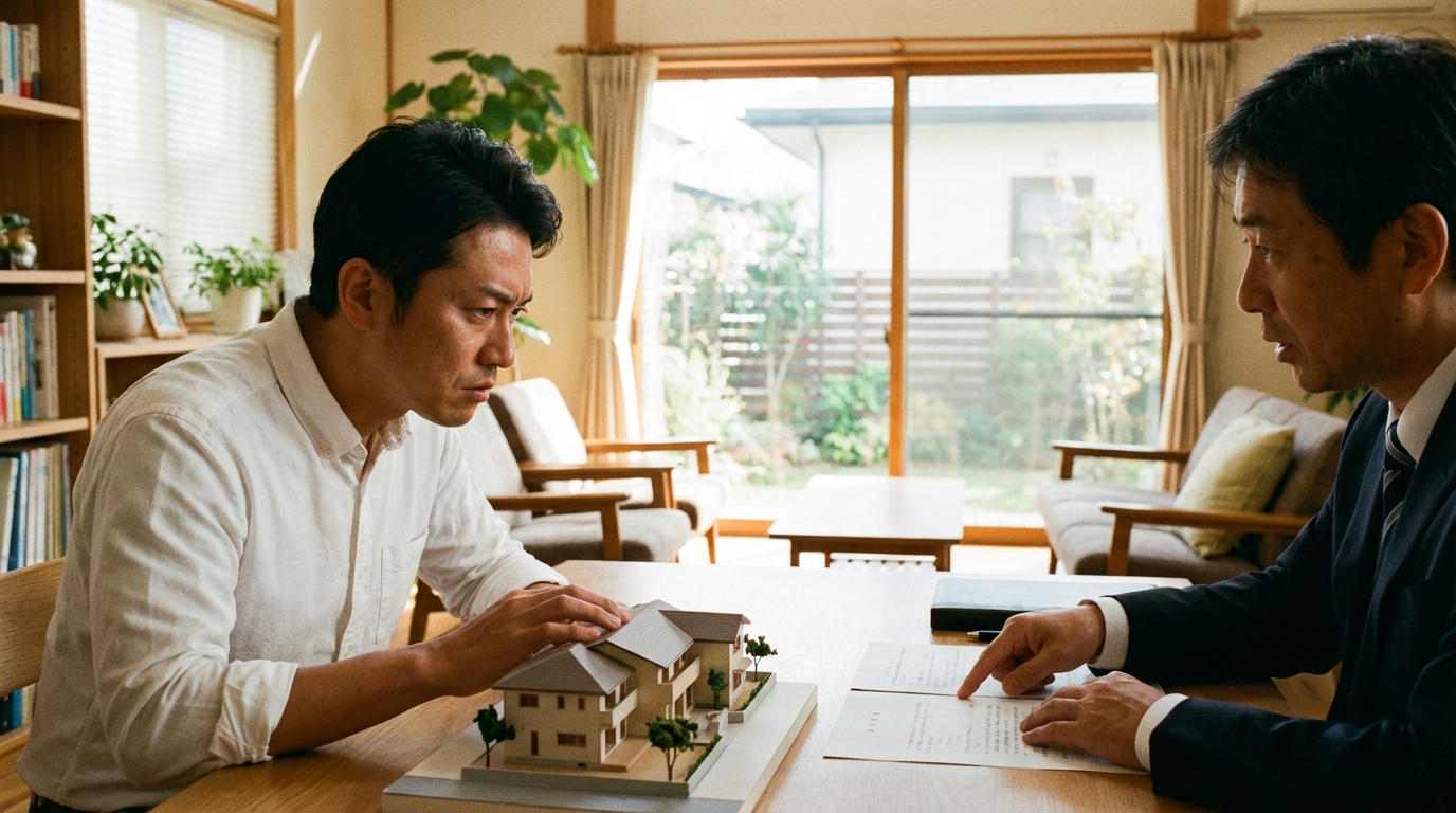 実家の相続について司法書士に相談する男性。家の模型を前に、大切な不動産を守りたいという切実な想いが伝わる。