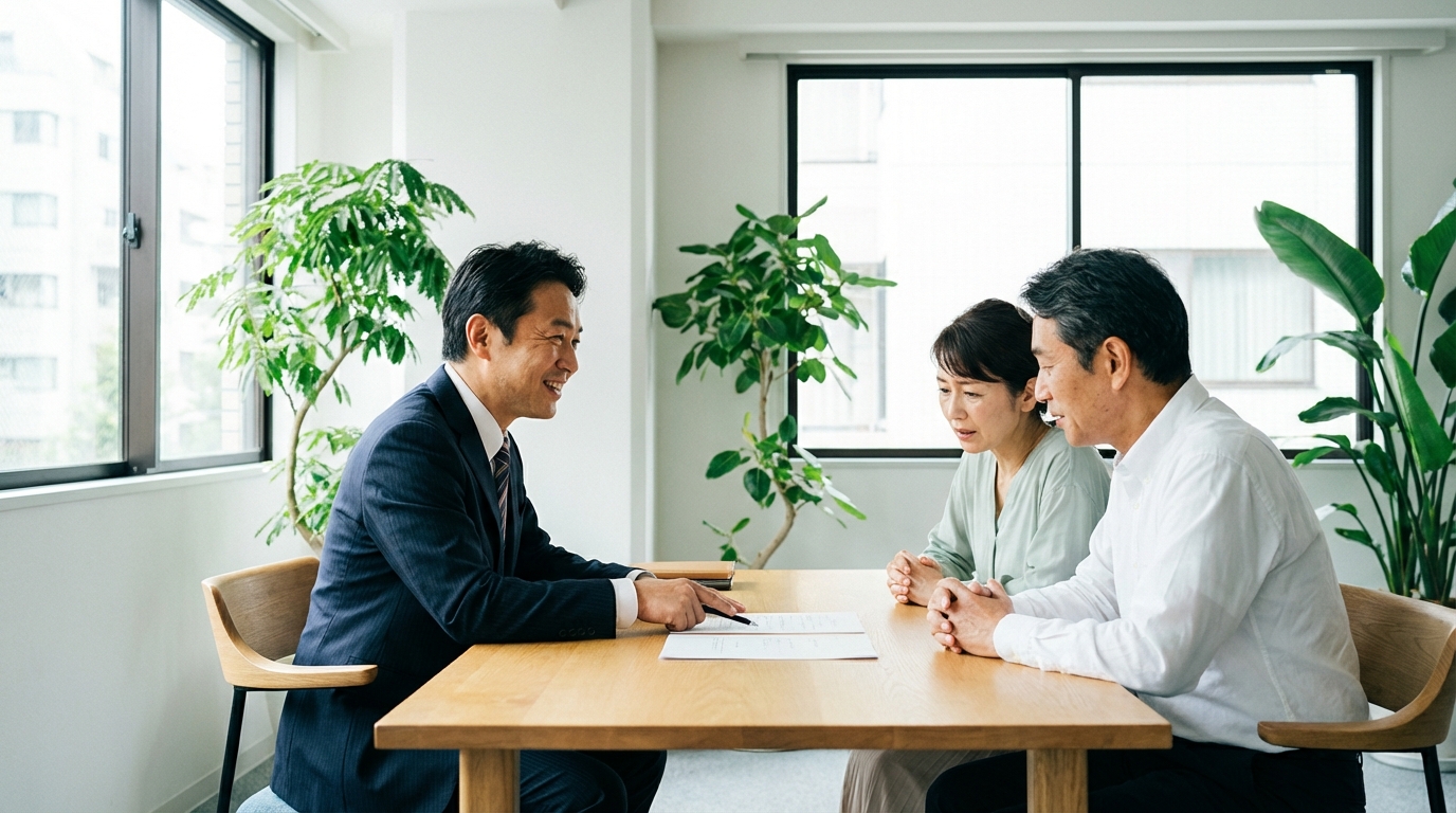 司法書士事務所で、専門家である司法書士に遺言の不安を相談している夫婦。