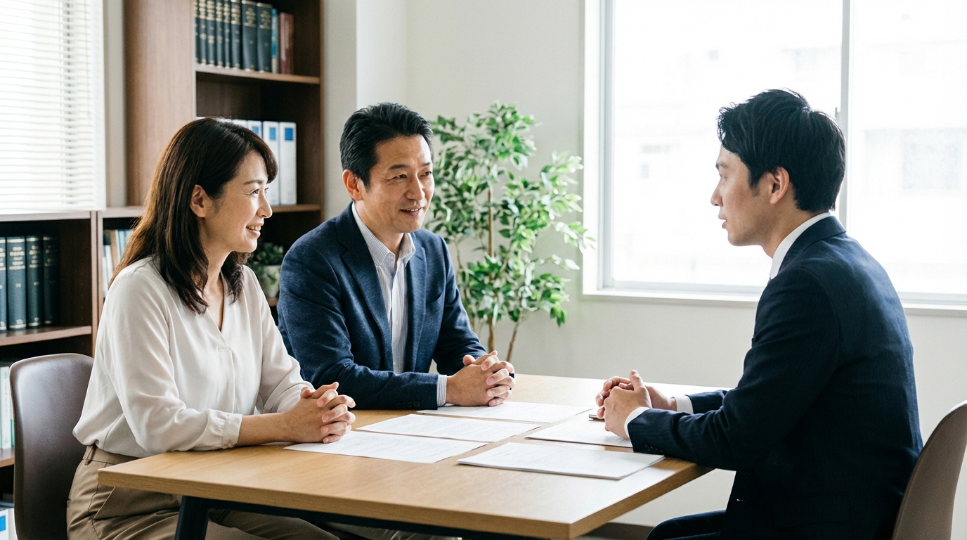 司法書士に相続の相談をする夫婦。専門家のアドバイスを受け、安心した表情で話を聞いている。
