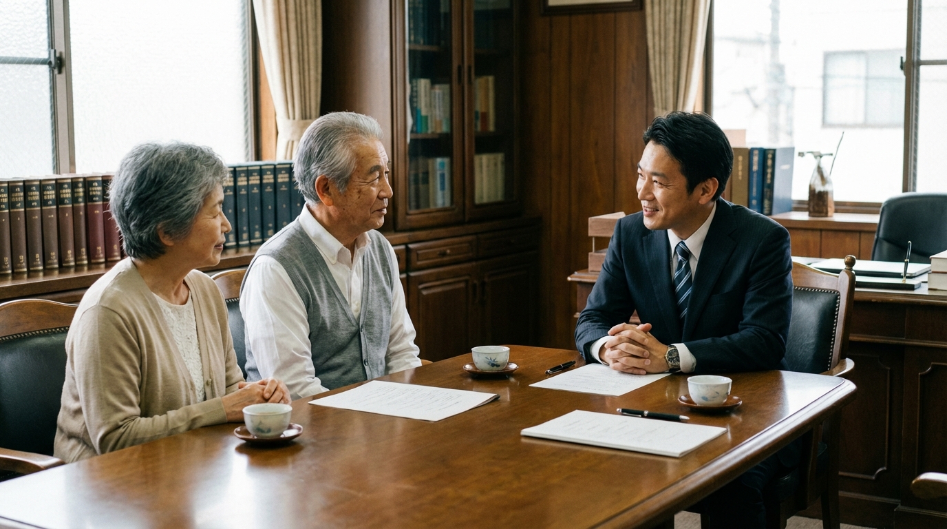 司法書士に遺言書作成の相談をする老夫婦。専門家が親身に話を聞いている様子。