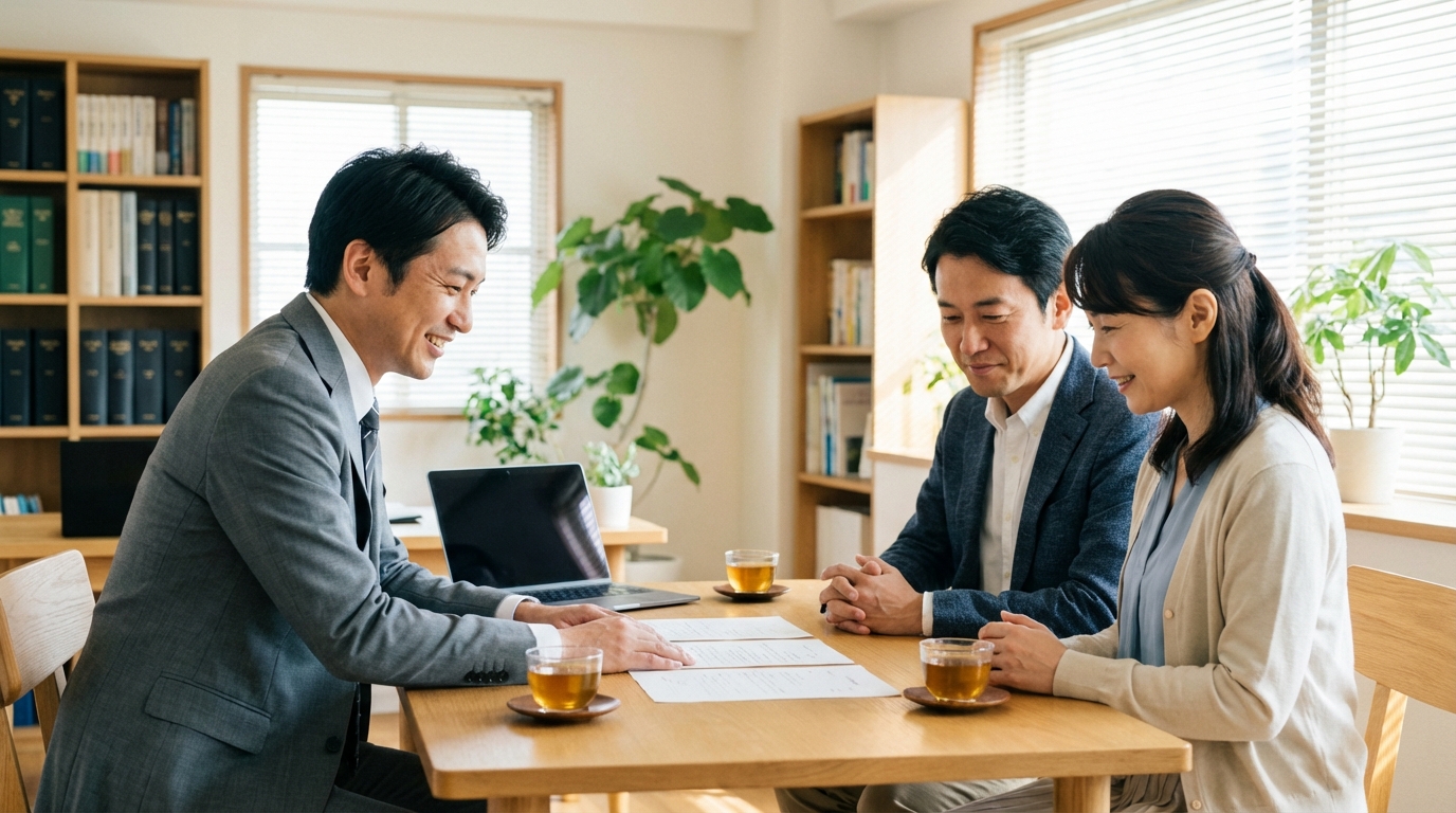 司法書士が相談者夫婦に親身に説明し、夫婦が安心した表情を浮かべている様子。専門家に相談することのメリットを表している。