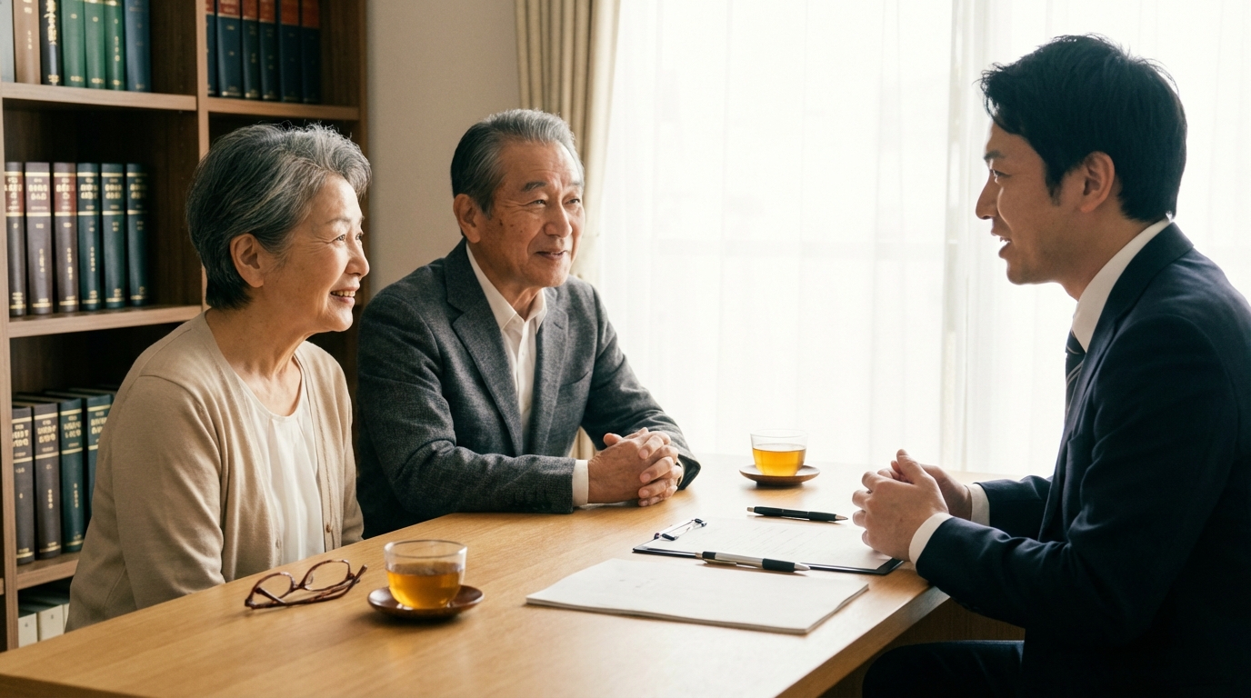 司法書士に相談し、安心した表情を浮かべる夫婦。相続手続きについて専門家から説明を受けている様子。
