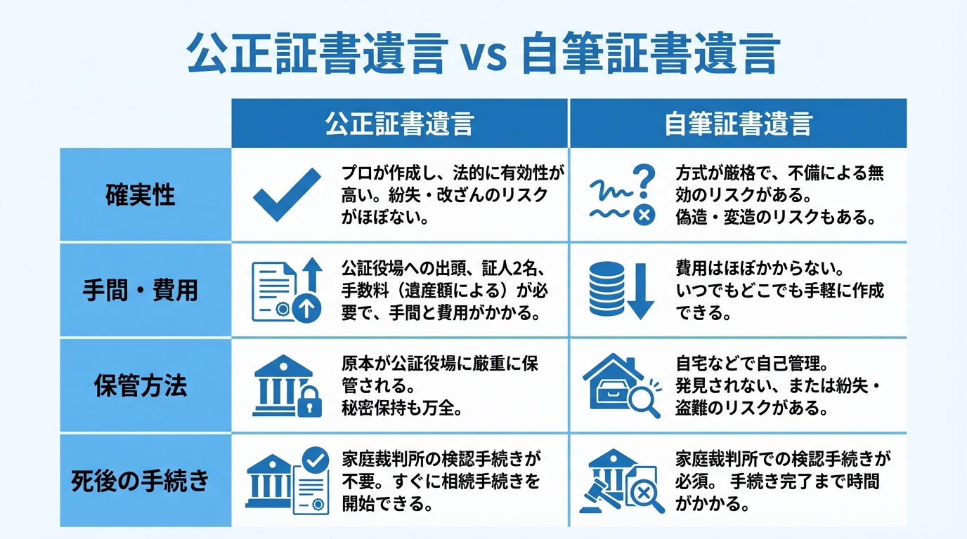 公正証書遺言と自筆証書遺言のメリット・デメリットを比較した図解。確実性、費用、手続きの違いがひと目でわかる。