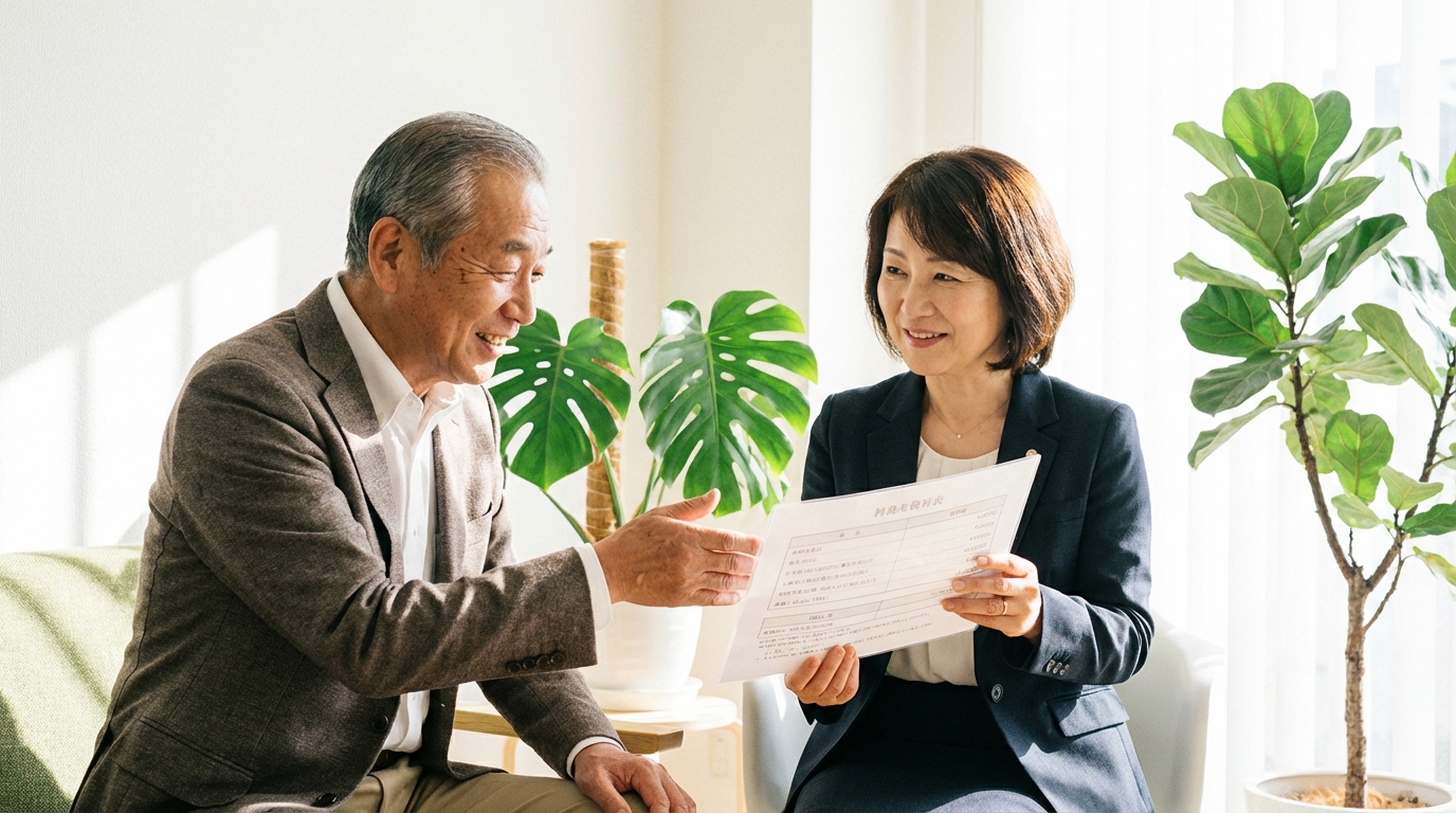 司法書士に遺言書作成の費用について相談し、安心した表情を浮かべる高齢男性。
