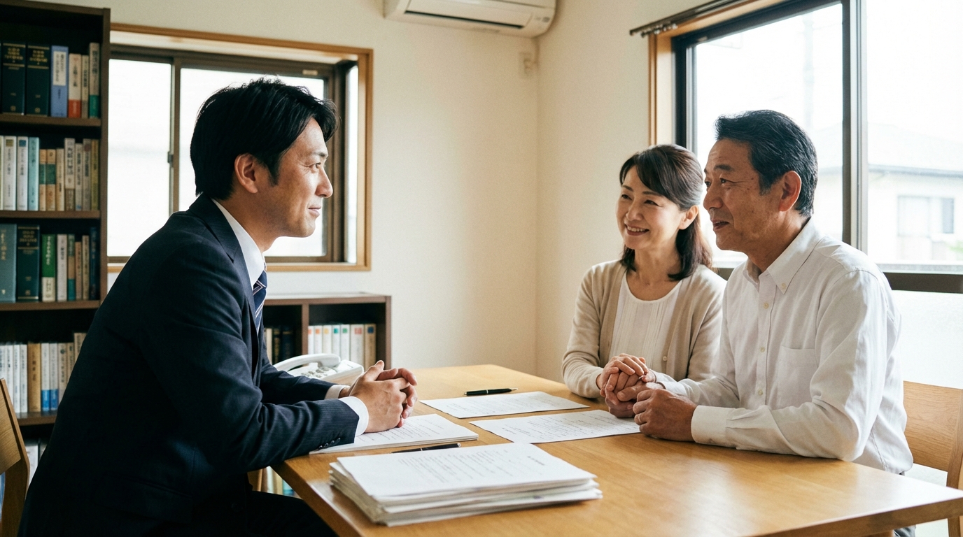 司法書士に相続の相談をし、安心した表情を浮かべる夫婦。