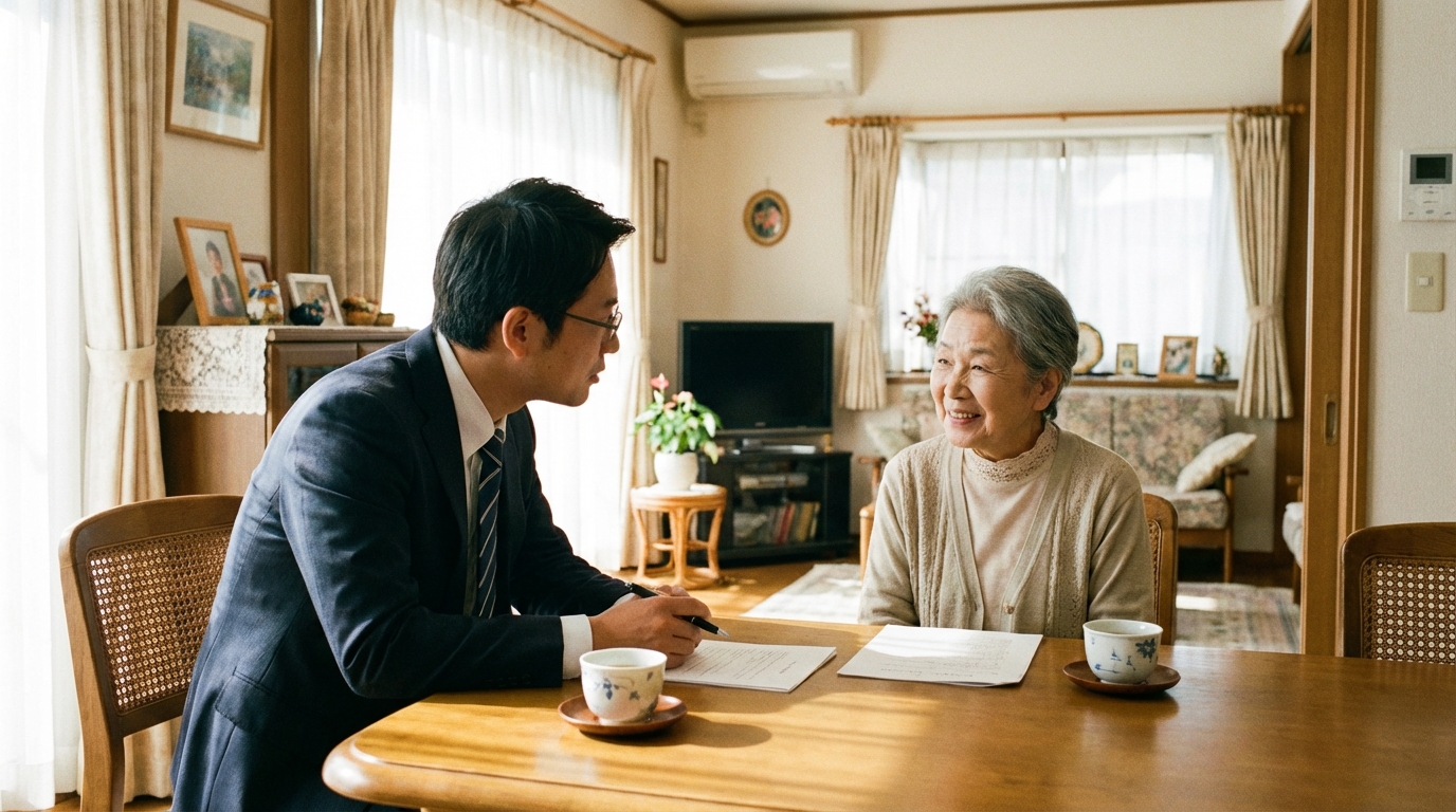 司法書士が相談者の自宅を訪問し、遺言作成に関する相談に乗っている。専門家への相談で不安が解消されるイメージ。