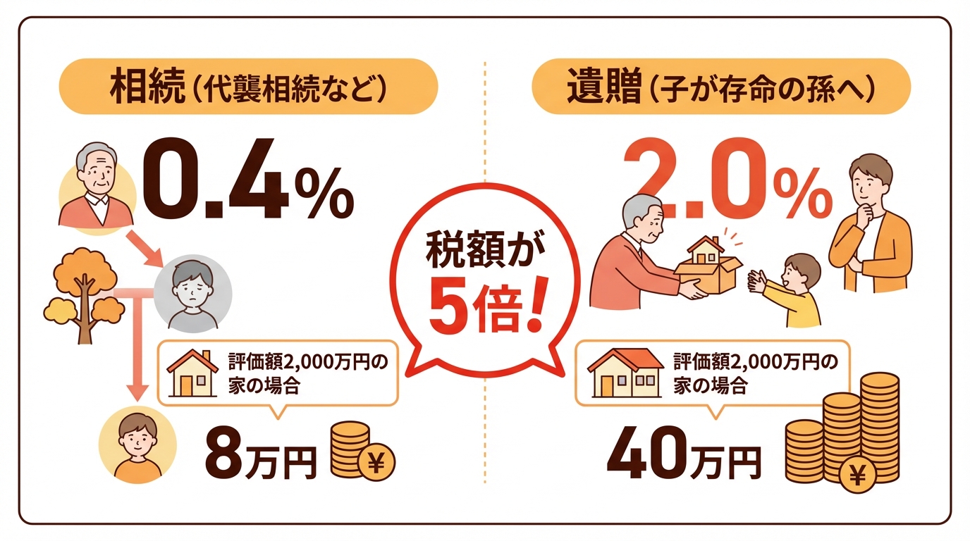 孫への不動産の名義変更にかかる登録免許税の比較図。相続の場合は税率0.4%で8万円、遺贈の場合は税率2.0%で40万円となり、5倍の差があることを示している。