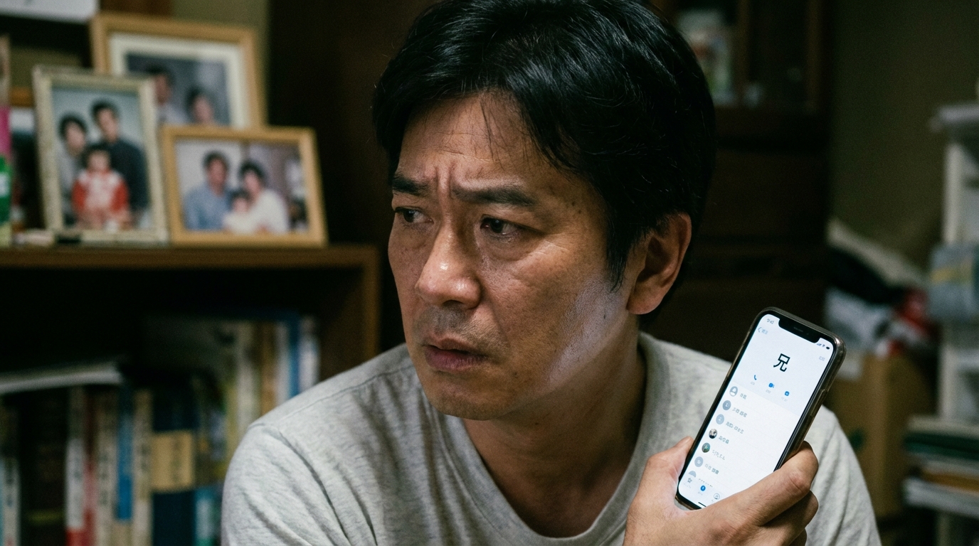 ogai_image_1 | いがり円満相続相談室 疎遠な兄弟への連絡をためらい、スマートフォンの画面を深刻な表情で見つめる男性。