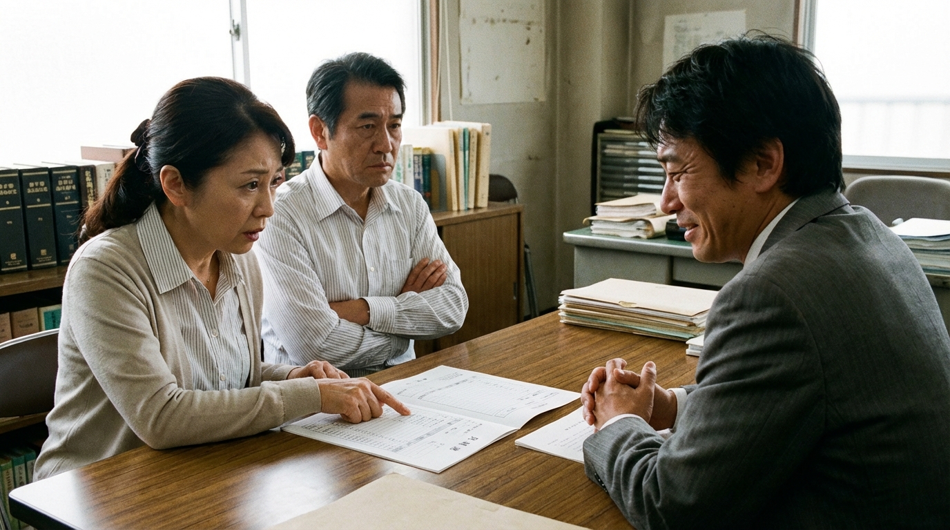 ogai_image_1 | いがり円満相続相談室 司法書士から提示された見積書を見て、費用が不明瞭な点に不安を感じている夫婦の様子。