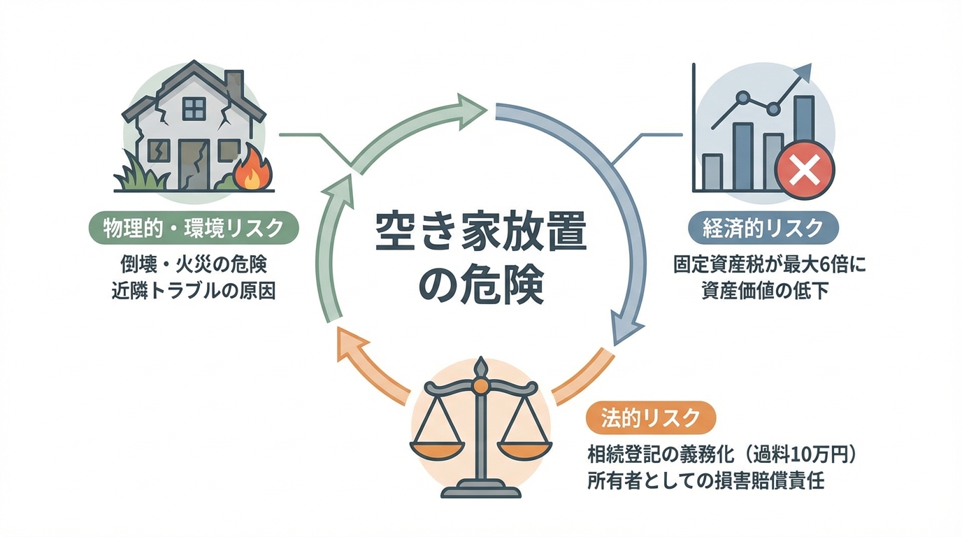 空き家を放置する3つの深刻なリスク（経済的・法的・物理的）をまとめた図解。固定資産税増額や相続登記義務化などの危険性が示されている。