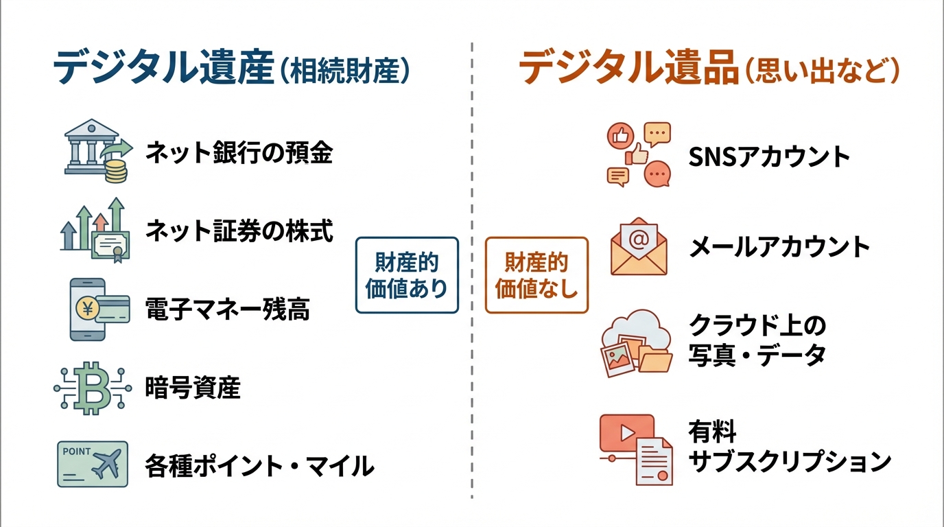 デジタル遺産とデジタル遺品の違いを比較した図解。相続財産になるネット銀行の預金や電子マネーと、思い出の品であるSNSアカウントや写真データなどを分かりやすく分類している。