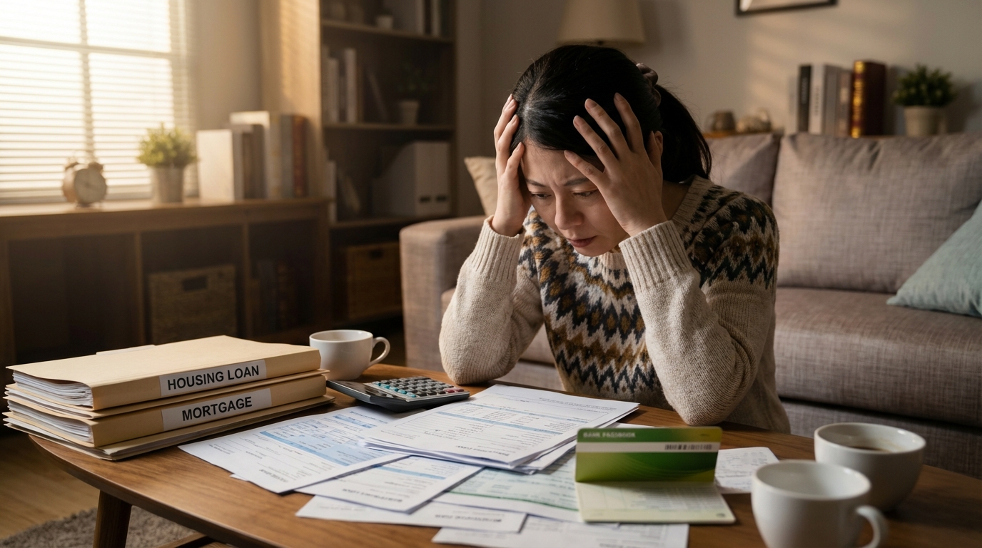 ogai_image_1 | いがり円満相続相談室 親の住宅ローン書類を前に悩む相続人のイメージ