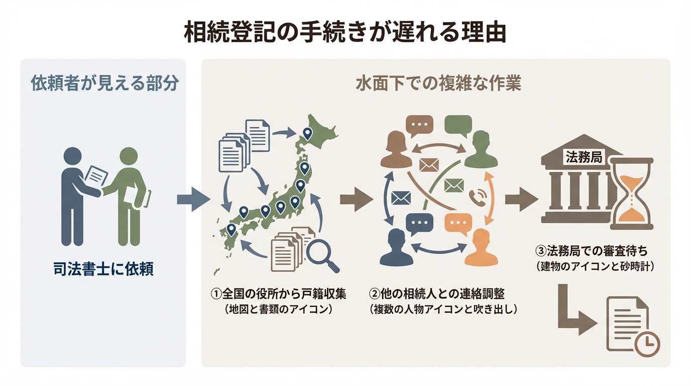 相続登記に時間がかかる理由の図解。依頼者からは見えない水面下で、全国からの戸籍収集、相続人との連絡調整、法務局の審査など複雑な作業が行われていることを示している。