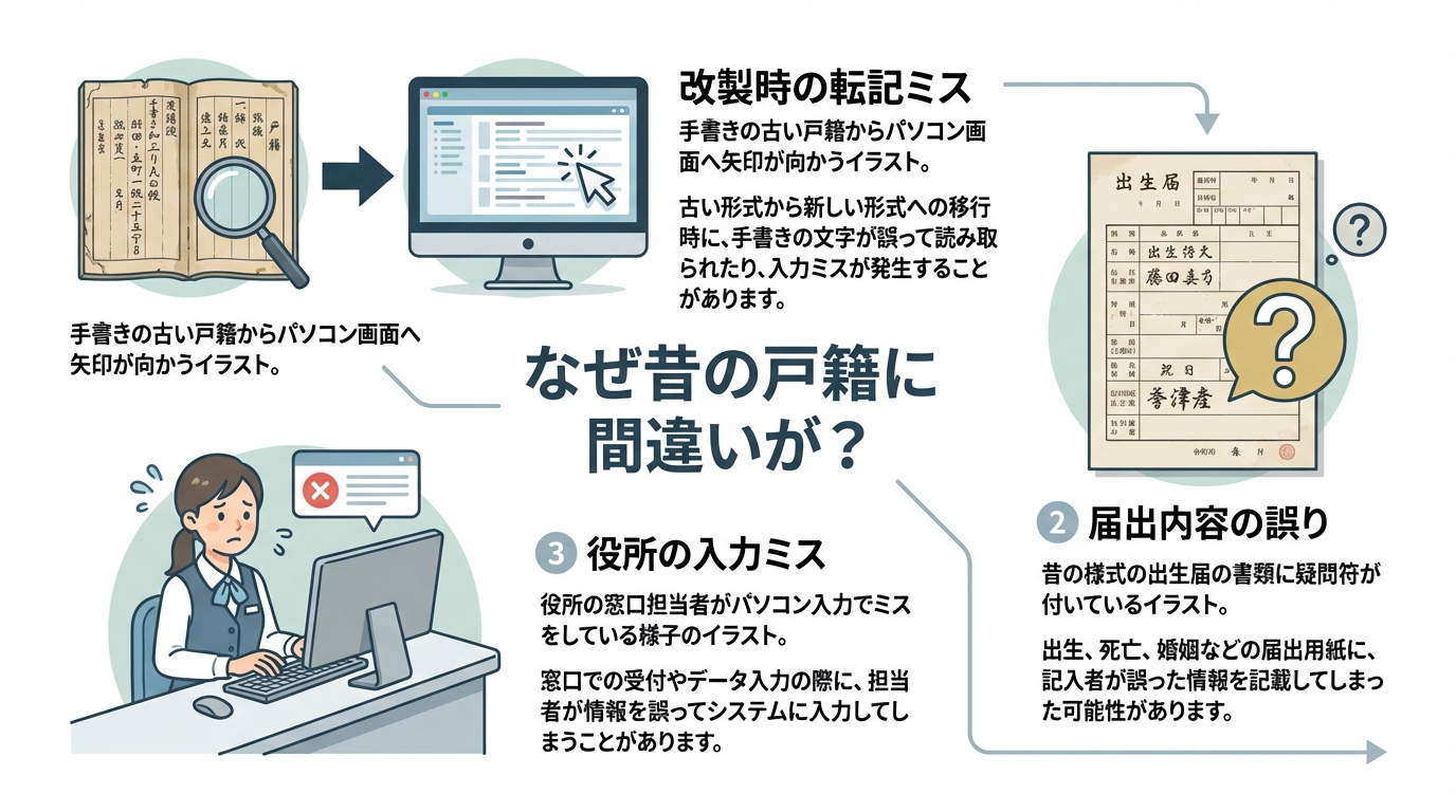 昔の戸籍に間違いが起こる3つの主な原因(改製時の転記ミス、当初の届出内容の誤り、役所の入力ミス)をイラストで示した図解。