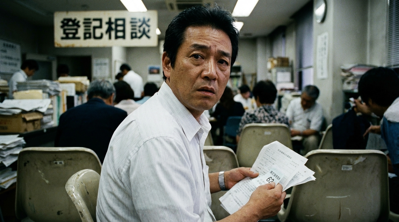 法務局の相談窓口で予約が取れず困っている様子の男性