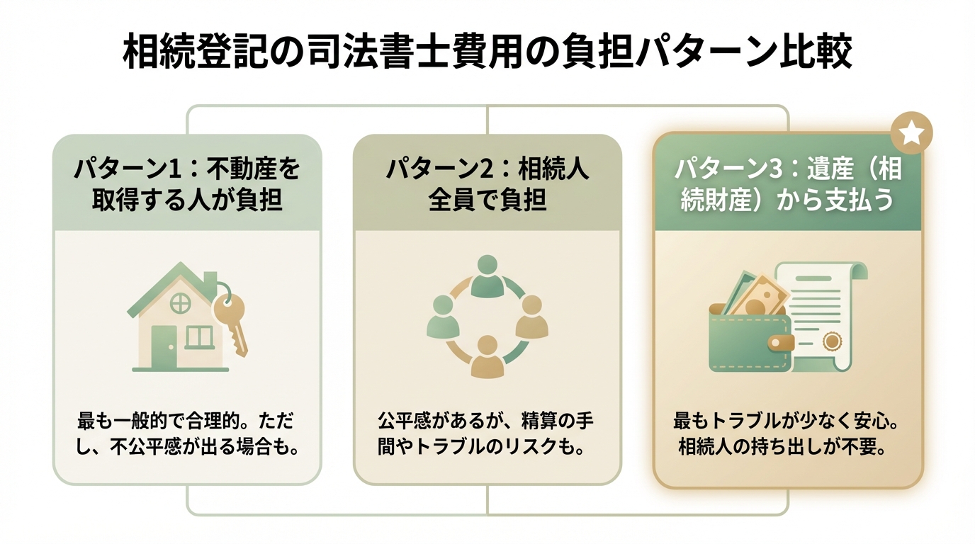 相続登記の司法書士費用の3つの負担パターンを比較した図解。不動産取得者が負担、相続人全員で負担、遺産から支払う、という3つの選択肢のメリット・デメリットを示している。