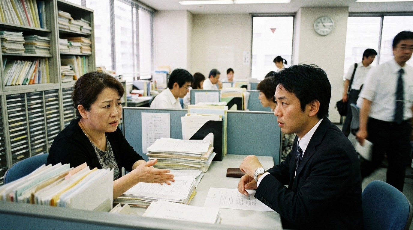 市役所の無料相談で、限られた時間の中で専門家に相談する女性の様子。