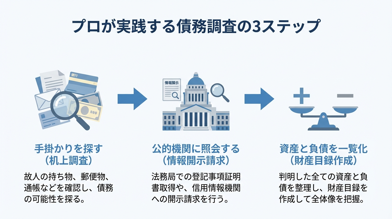 相続放棄のための債務調査の3ステップを示した図解。ステップ1は手掛かり探し、ステップ2は公的機関への照会、ステップ3は資産と負債の一覧化という流れになっている。