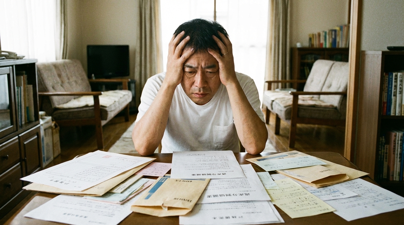 相続手続きの書類を前に頭を抱える男性。司法書士と行政書士の選択に悩んでいる様子。