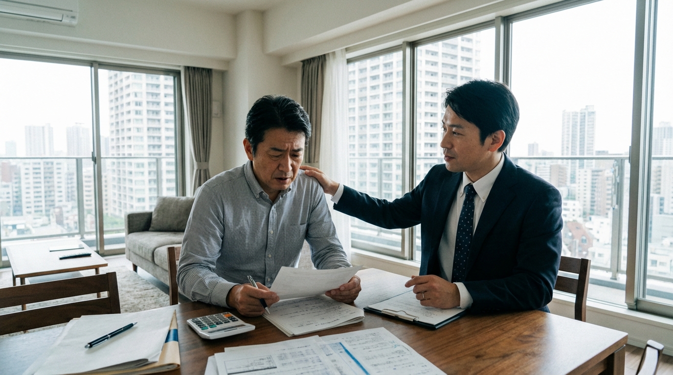 ogai_image_1 | いがり円満相続相談室 武蔵小杉のタワーマンションを背景に、相続問題で悩む男性と相談に乗る司法書士