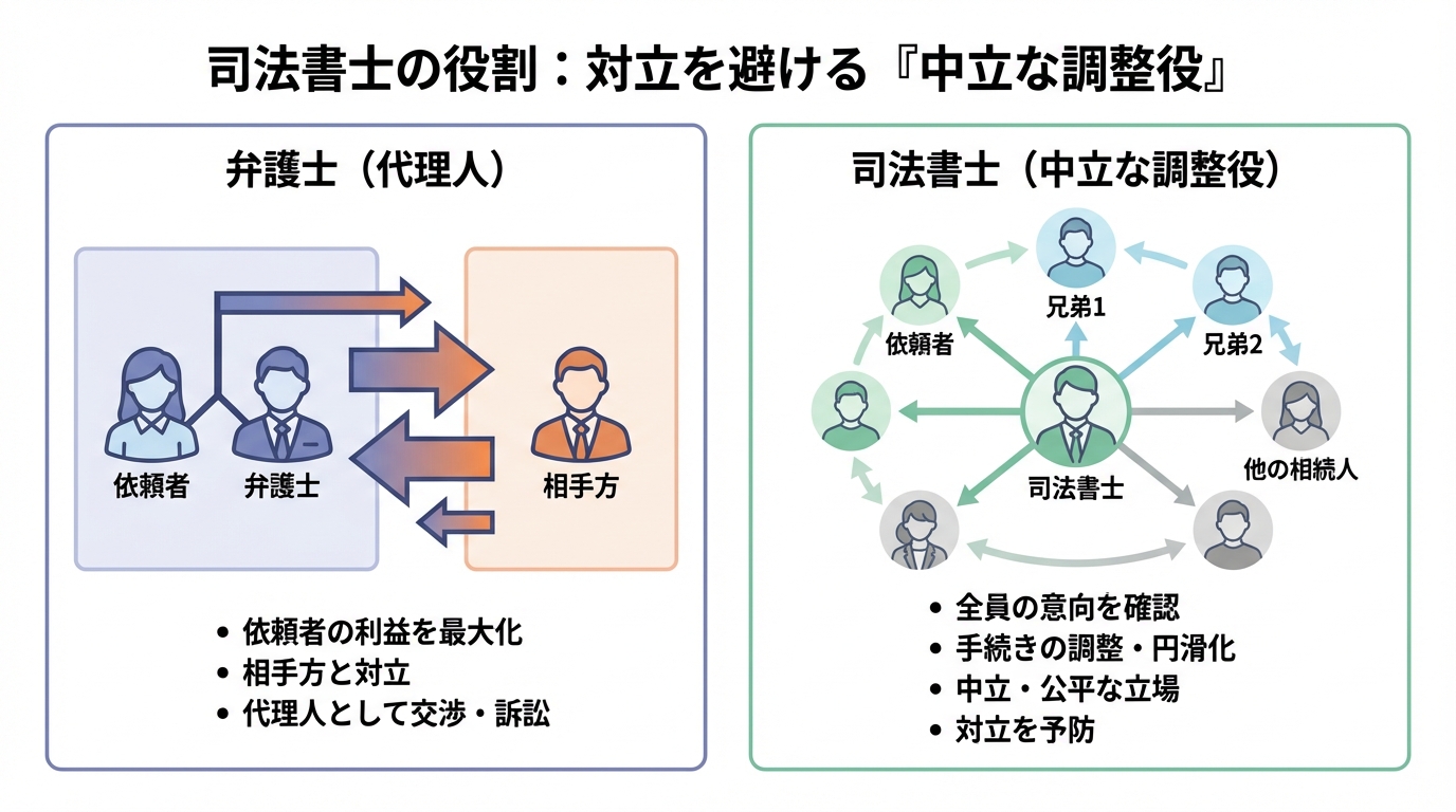 ogai_image_2 | いがり円満相続相談室 疎遠な兄弟との遺産分割における弁護士と司法書士の役割の違いを示す図解。弁護士は代理人として対立構造になりがちだが、司法書士は中立な調整役として円満解決を促す。