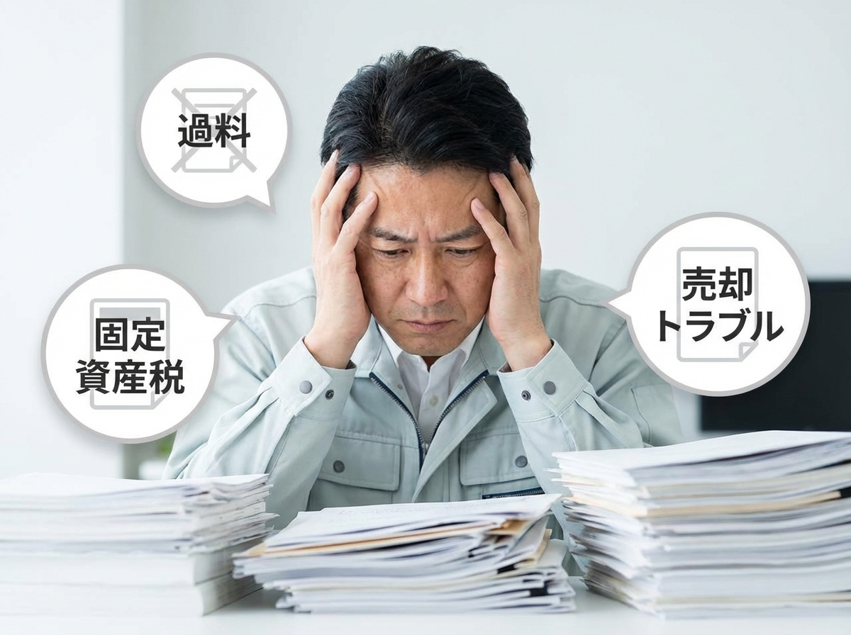 ogai_image_2-14 | いがり円満相続相談室 建物滅失登記を放置することのリスク(過料、固定資産税、売却トラブル)に悩む男性のイラスト。