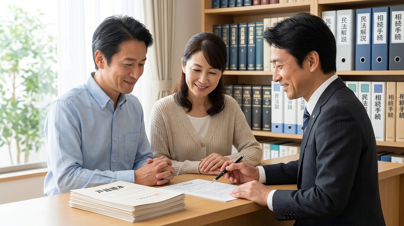 司法書士に戸籍訂正の相談をし、問題解決の目処が立って安心している夫婦のイラスト。