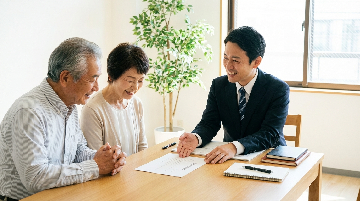 司法書士から遺産分割協議書の説明を受け、安心した表情を浮かべる夫婦。専門家への相談がトラブル防止につながることを示唆している。