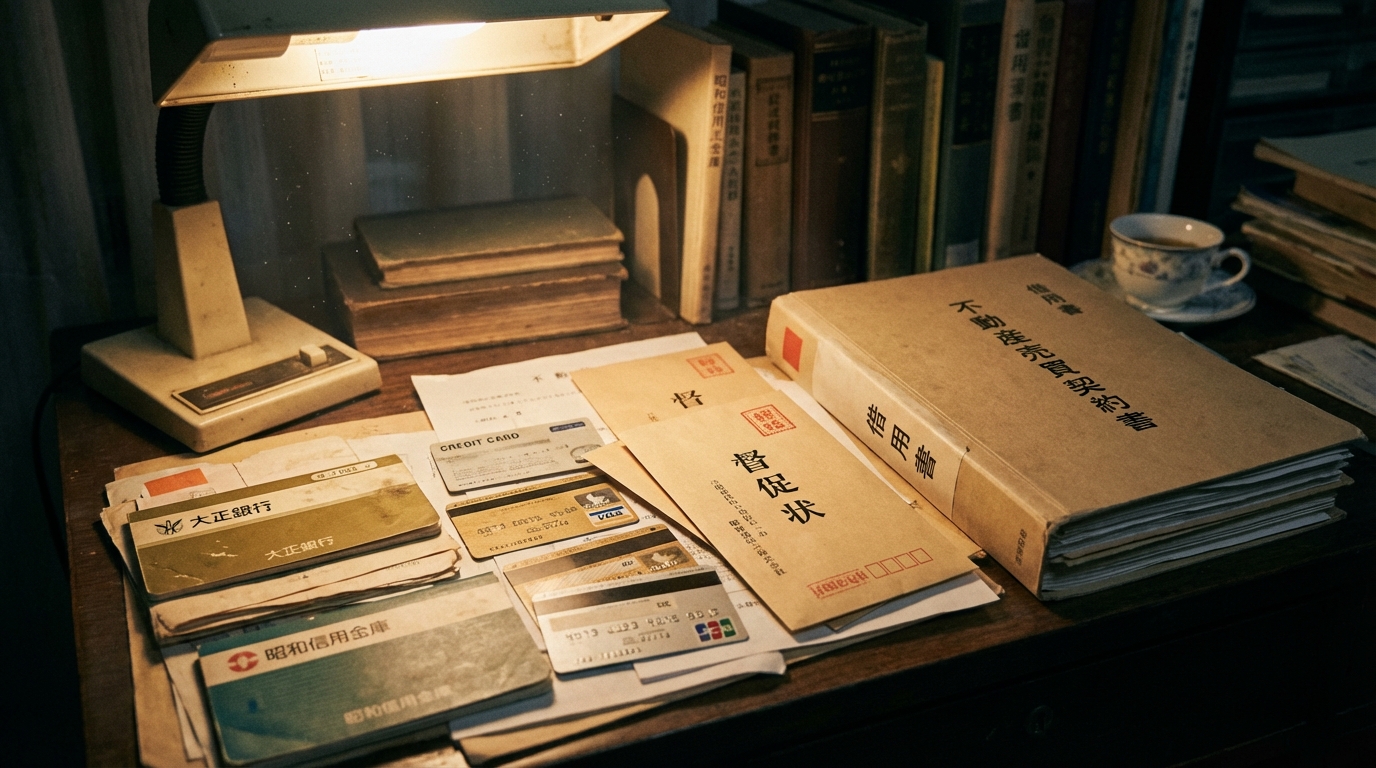 故人の遺品整理の様子。机の上には借金の手がかりとなる可能性のある預金通帳やクレジットカード、督促状などが置かれている。