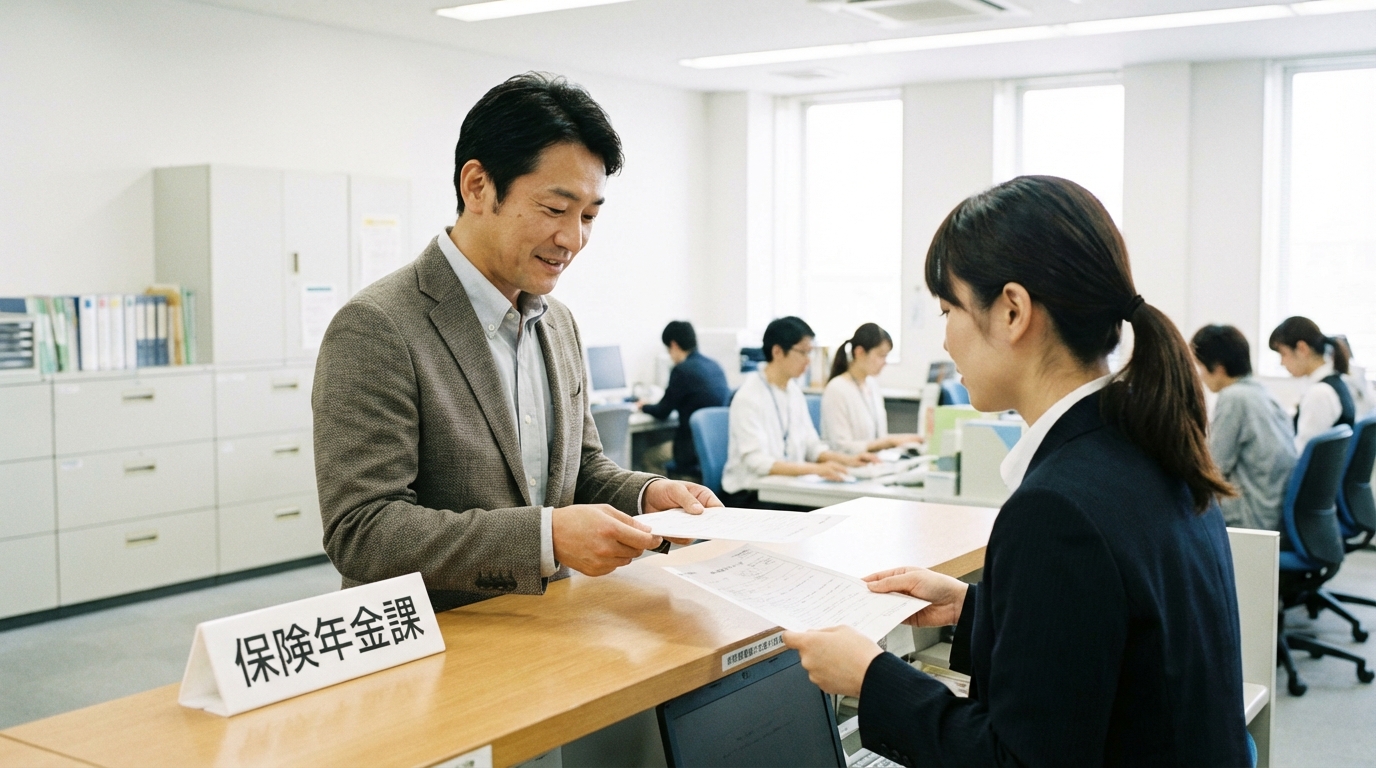 市役所の保険年金課の窓口で、男性が葬祭費の申請手続きを行っている様子。