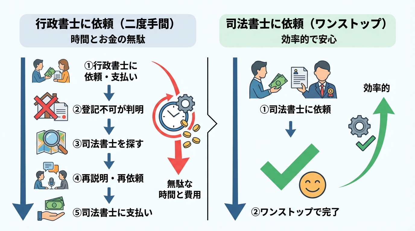 不動産相続で行政書士に依頼した場合の二度手間の流れを示す図解。司法書士に直接依頼する方が効率的であることを示している。