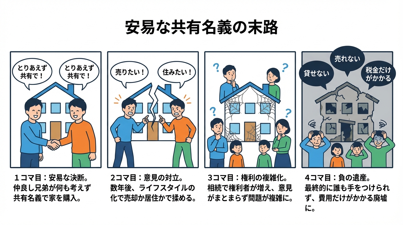 ogai_image_2 | いがり円満相続相談室 不動産を共有名義で相続した結果、権利関係が複雑化し身動きが取れなくなる末路を描いたインフォグラフィック