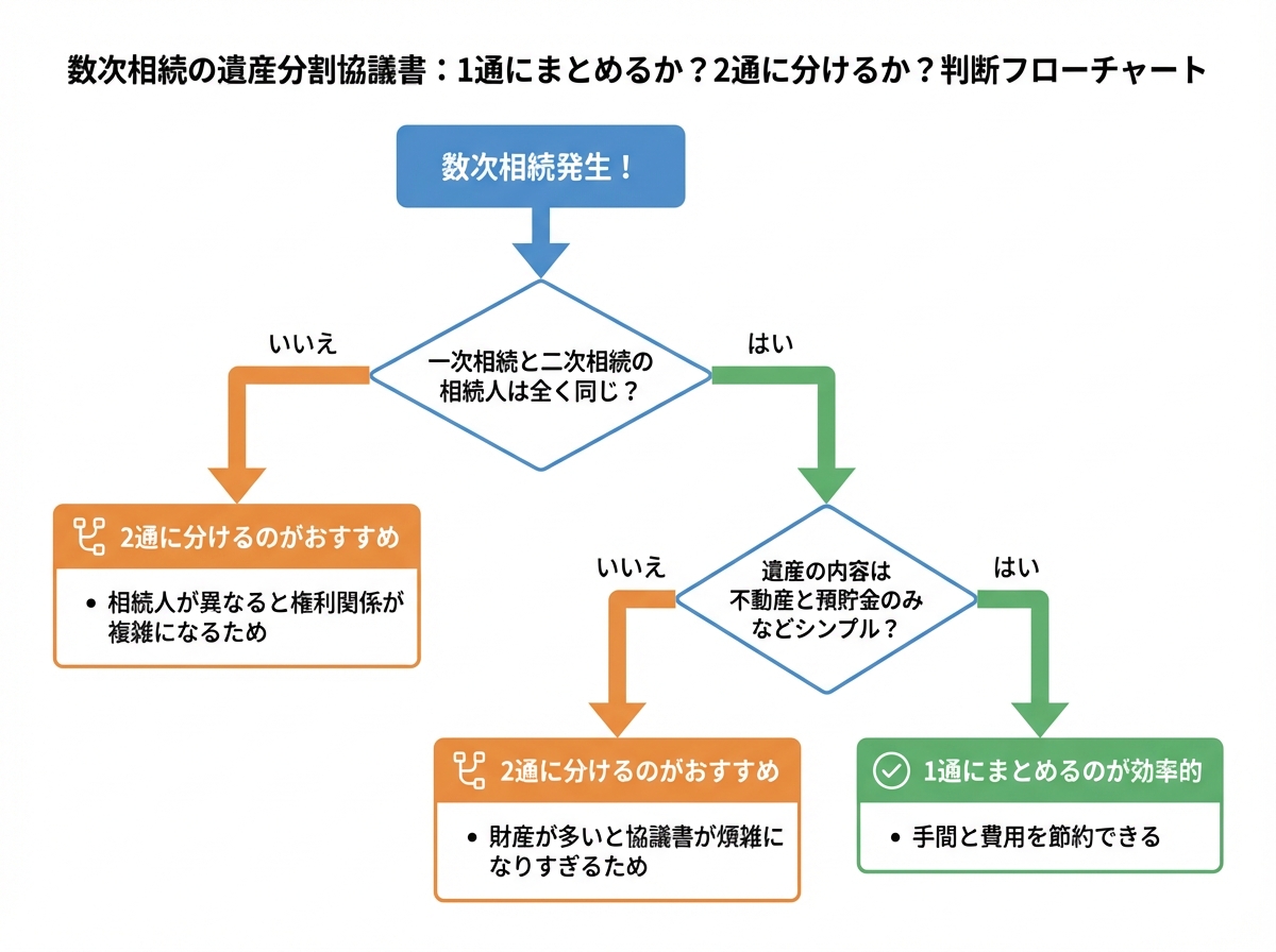 ogai_image_2 | いがり円満相続相談室 数次相続の遺産分割協議書を1通にまとめるか2通に分けるかの判断フローチャート。相続人が同じか、遺産がシンプルかという2つの質問で最適な方法がわかる。