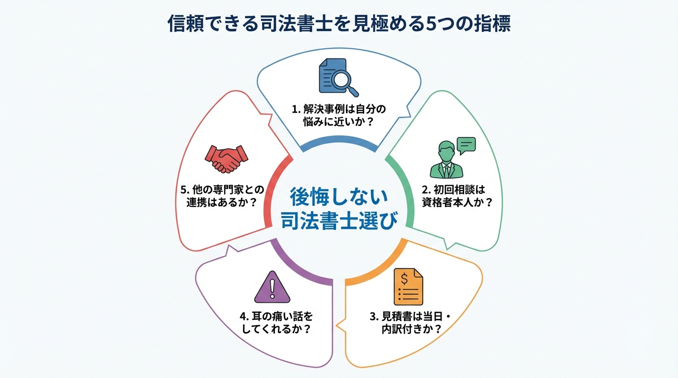 ogai_image_2 | いがり円満相続相談室 後悔しない司法書士選びのための5つの指標を図解したインフォグラフィック。解決事例、担当者、見積もり、リスク説明、専門家連携のアイコンが示されている。