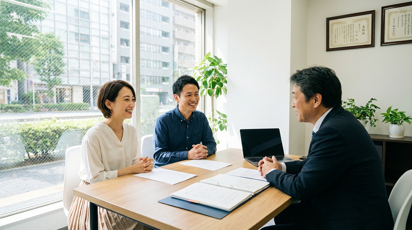 司法書士に相続登記の相談をし、安心した表情を浮かべる夫婦
