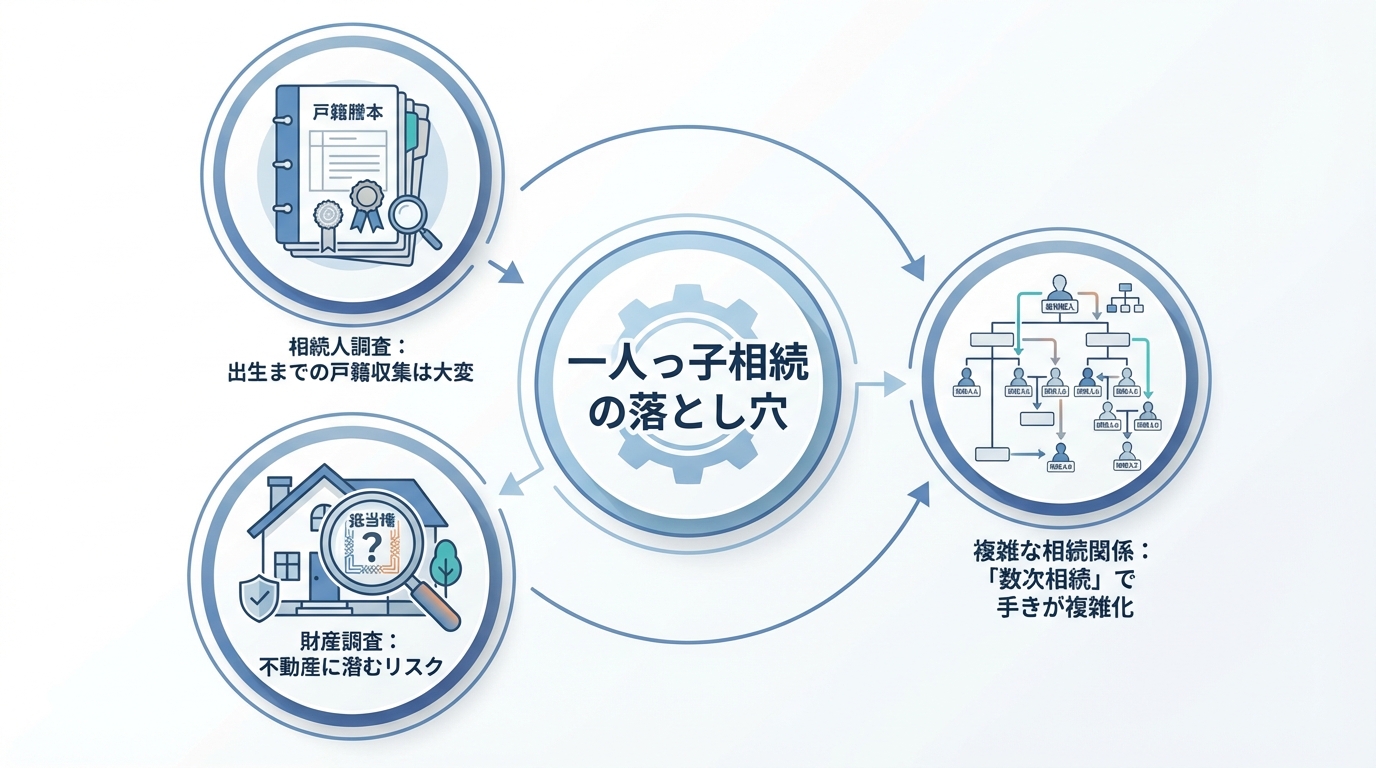 一人っ子の相続で見落としがちな3つの落とし穴（大変な戸籍収集、不動産に潜むリスク、数次相続による複雑化）を解説した図解。