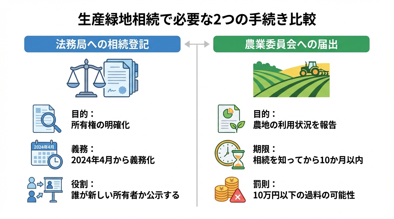 生産緑地相続で必要な「相続登記」と「農業委員会への届出」の目的、義務、期限、罰則の違いを比較した図解。